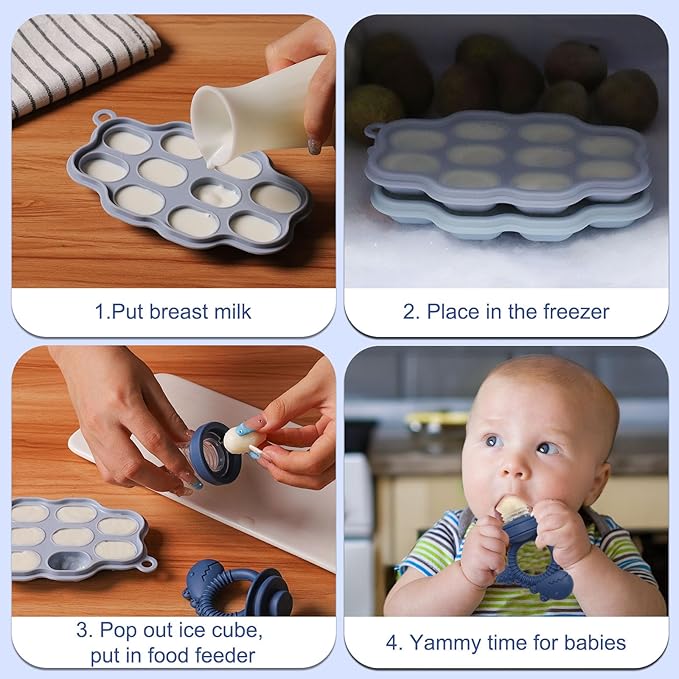 Baby Breastmilk Popsicle Molds & Fruit Feeder Pacifier, Silicone Baby Food Freezer Tray Storage Containers for Infant Teething Self Feeding