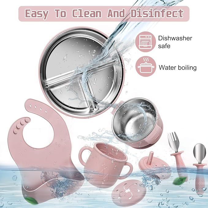 MISSLILI Stainless Steel Kids Plates and Bowls Set with Suction, Divided Baby Plate and Toddler Bowl with Removable Silicone Suction,Stainless Steel Weaning Bundle, Silicone Baby Feeding Set (Pink)