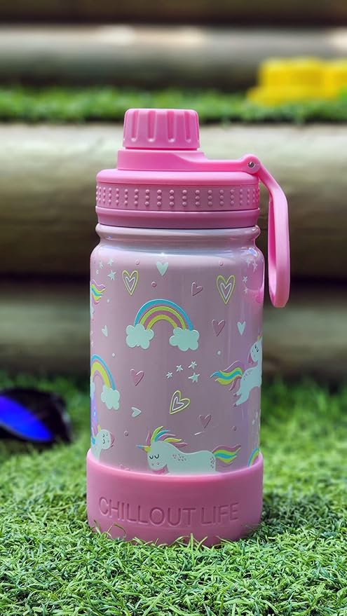 CHILLOUT LIFE 12 oz Kids Insulated Water Bottle for School with Leakproof Spout Lid and Cute Waterproof Stickers, Personalized Stainless Steel Thermos Flask Metal Water Bottle, Pink Unicorn
