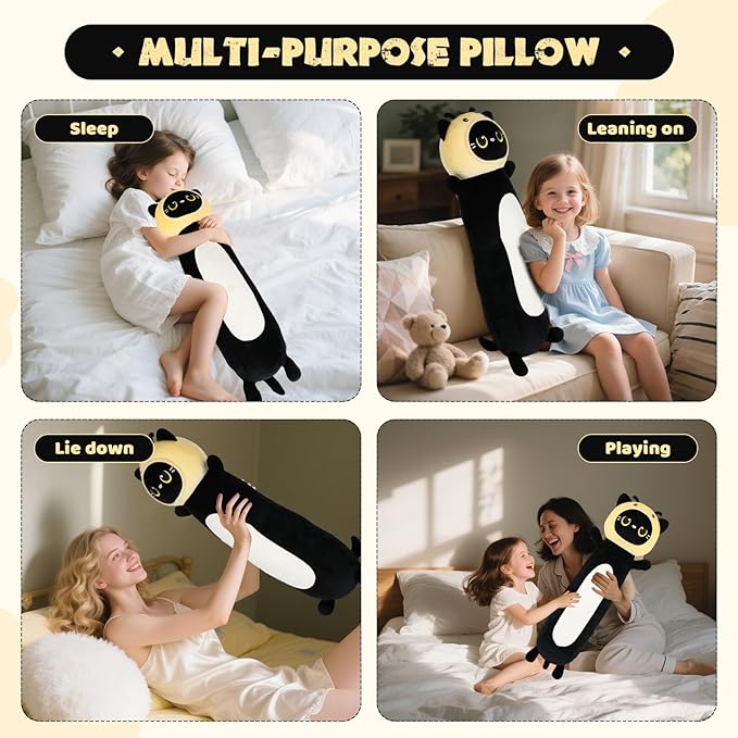 22 inch Black Cat Bee Stuffed Plush Toy, Kitty Stuffed Animals Honeybee Body Pillow, Kawaii Soft Plushie Gfit for Kids Boys Girls, Birthday