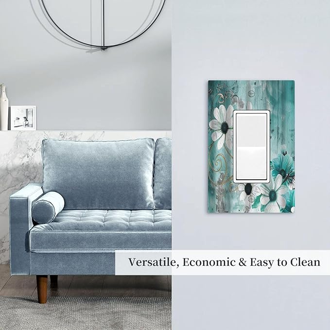 Decorative Outlet Covers Turquoise Flowers and Butterflies Rustic Teal White Floral 1 Gang Single Decora GFCI Device Light Switch Cover Plate 1 Rocker Wall Plate Jumbo Switch Plate Cover