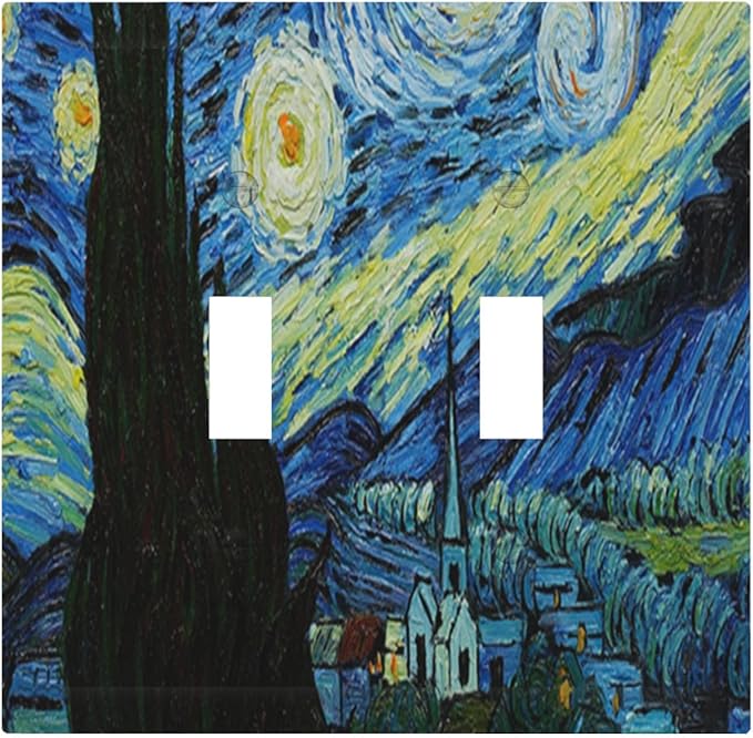 Van Gogh The Starry Night Double Toggle Switch Cover - 2-Gang Standard US Size Post-Impressionist Masterpiece Light Switch Covers, Swirling Night Sky for Living Room Decor