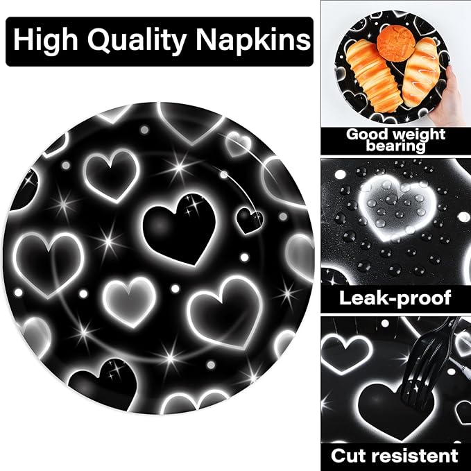 Qyeahkj 100 Pcs 2000s Party Plates Napkins Forks Set Black Heart Tableware Supplies Y2k Theme Birthday Party Decoration Early 2000s Dinnerware Decorations Favors for Birthday Party Serve 25
