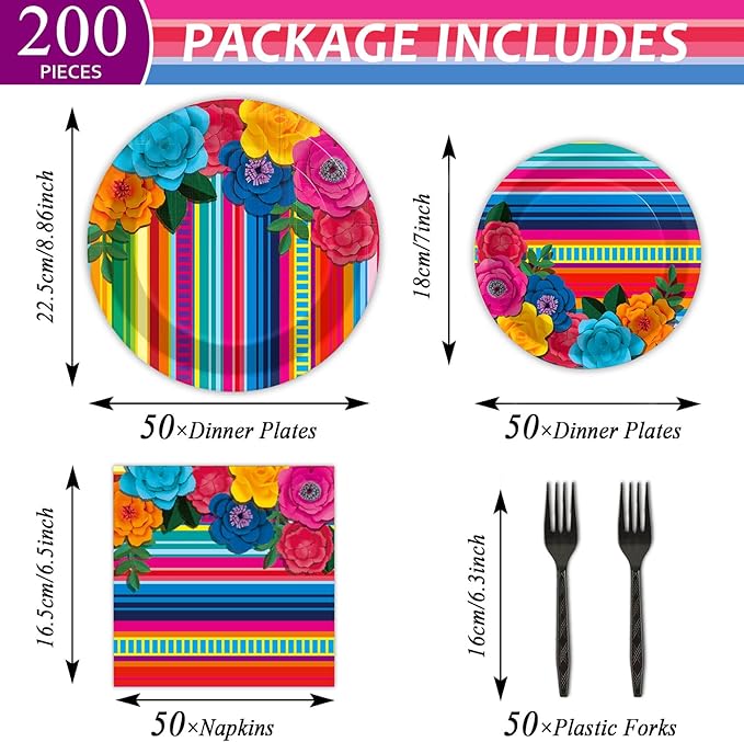 200pcs Mexican Fiesta Plates Napkins Floral Paper Tableware Set Fifth of May Serape Stripes Cake Disposable Dinnerware Pinata Mexico Taco Party Decoration for Baby Shower Birthday Supplies Serves 50