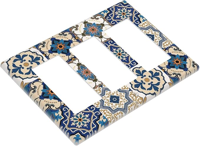 Light Switch Covers Mandala Decorative Tile Talavera Moroccan Tiles 3 Gang Rocker Electrical GFCI Decorative Triple Outlet Wall Plate Cover Switchplate for Bedroom living Room Decor