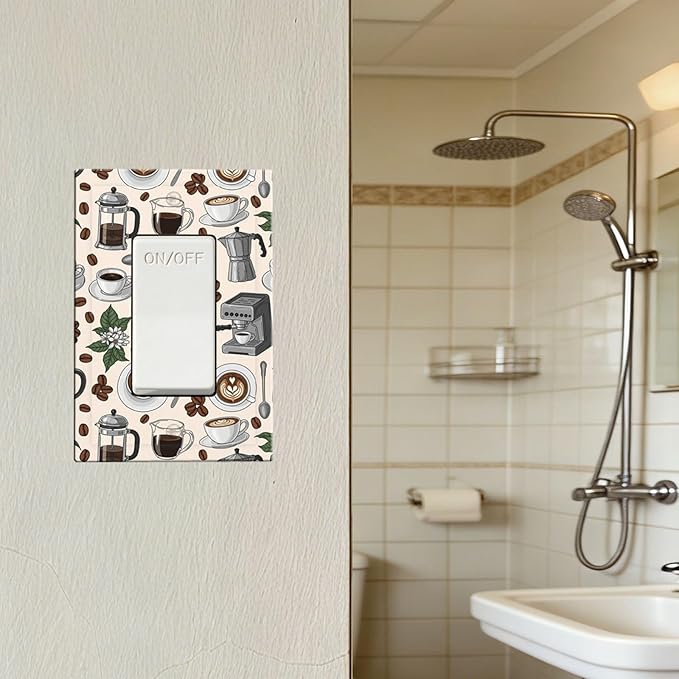 Whimsical Coffee Shop Single Rocker Switch Cover - 1-Gang Standard US Size Vintage Coffee Pattern Light Switch Covers, Café Culture Espresso for Dining Room Decor