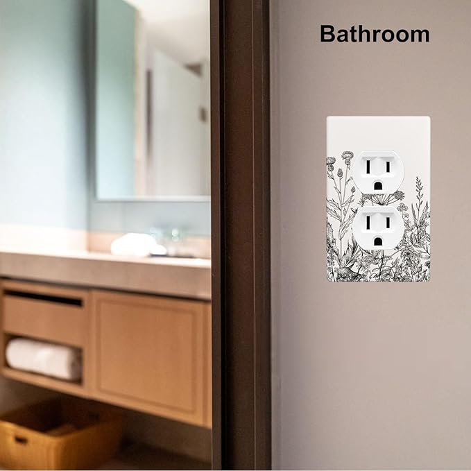 1-Gang Duplex Wall Plate, Gray Vintage Floral Printed Outlet Cover, Neutral Cottage Garden Retro Wildflower Decor for Bedroom Kitchen Living Room & Sunroom