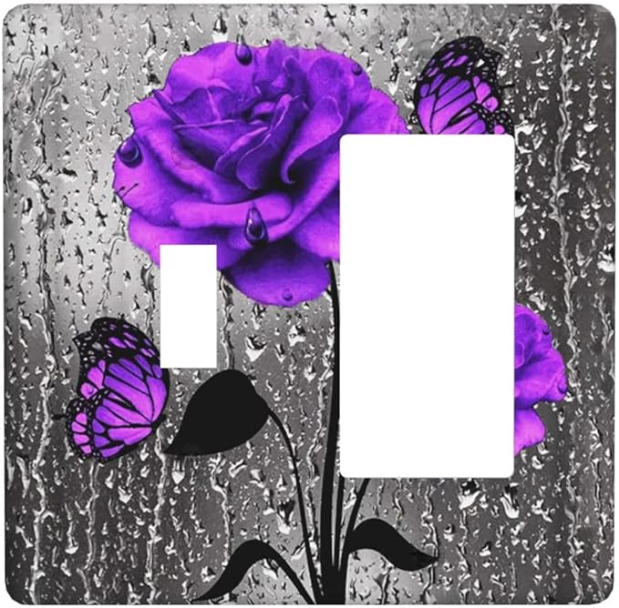 Romantic Purple Butterfly Rose Flower 2 Gang Single Toggle/Decorator Combination Light Switch Cover Decorative Combo 1-Toggle/1-GFCI/Rocker Wall Plate Cover