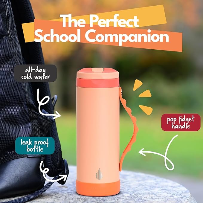 Elemental Iconic Kids Water Bottle for School - 100% Leak-Proof Insulated Water Bottles with Straw Lid & Pop-It Handle for Boys & Girls - Triple-Wall Insulated & BPA-Free, 14oz – Peach Sunrise