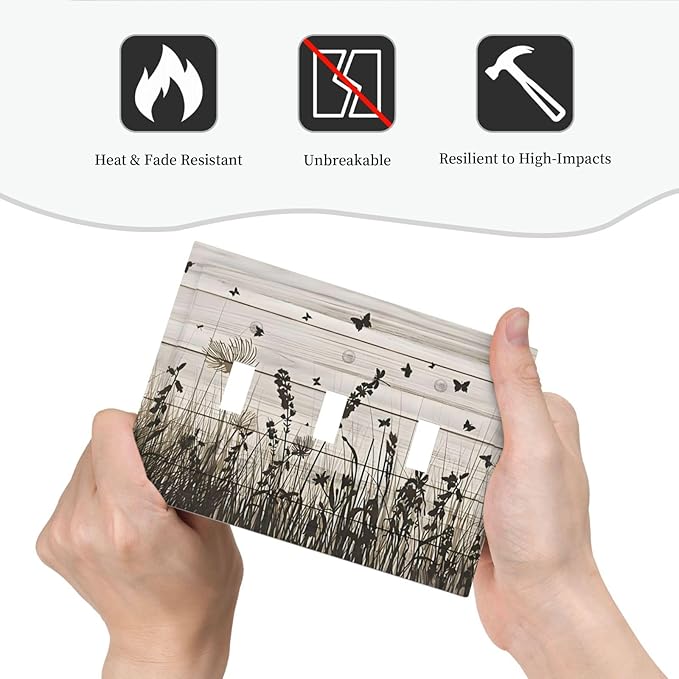 Wildflower Butterfly Grass Dandelion Vintage Wooden Print Decorative Switch Plates 3 Gang Wall Plate Triple Toggle Light Switch Cover Faceplate Electrical Wall Panels for Farmhouse Home Decor