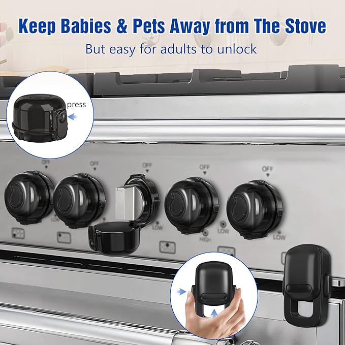 Stove Knob Safety Covers for Child (5 + 1 Pack), Upgraded Universal Size Press Gas Stove Knob Covers with Adhesive, Heat-Resistant Childproof Oven Locks for Kids and Pets (Black)