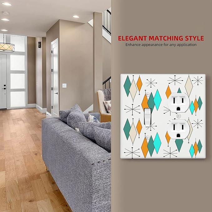 70s Abstract Boho Geometric Mid Century Atomic 2 Gang 1-GFCI/1-Duplex Combination Wall Plate Decorative Light Switch Outlet Wallplate Faceplate Cover