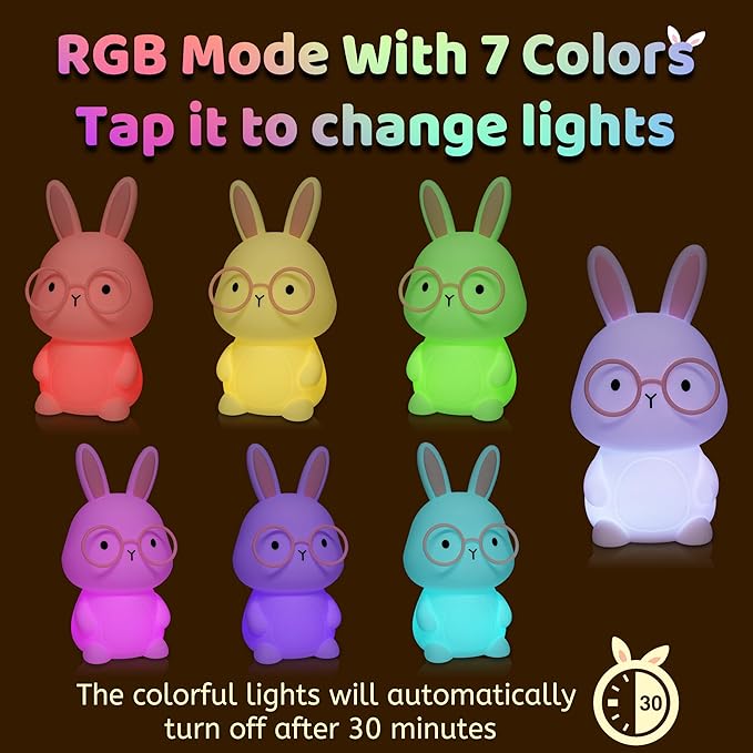YuanDian Bunny Night Light with 8 Color Lights, Gift for Adults Teens and Babies, Decorate Kids' Bedroom with Cute Silicone Rabbit Nightlights, Animal Lamp Gift for Children and Toddlers