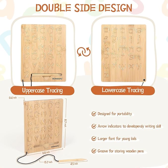 Asweets Montessori Wooden Alphabet Tracing Board, Wood Letter Practicing Board,Double-Sided Boards for Toddlers and Preschool Gifts for Kids(1 Piece) (Pack of 2)