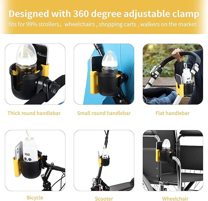 Accmor Stroller Cup Holder with Phone Holder, Bike Cup Holder, Universal Cup Holder for Uppababy Nuna Doona Strollers, 2-in-1 Cup Phone Holder for Stroller Bike Accessory