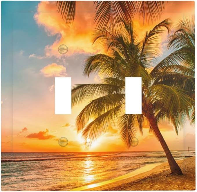 Light Switch Cover Sunset Beach Palm Tree Seascape 2 Gang Wall Plate Double Light Switch Plate Tropical scenery Toggle Decorative Outlet Covers Electrical Switchplate for Bathroom Home Decor