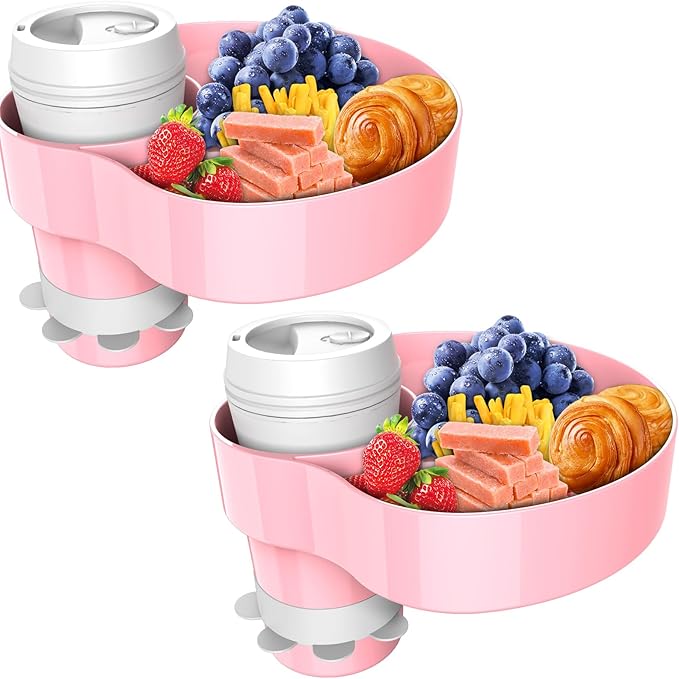 [2 Packs] Kids Car Seat Tray, Travel Tray with Cup Holder for Toddler, Kids Car Seat Food Snack Tray for Road Trip, Stroller snack tray travel must haves - Pink Color