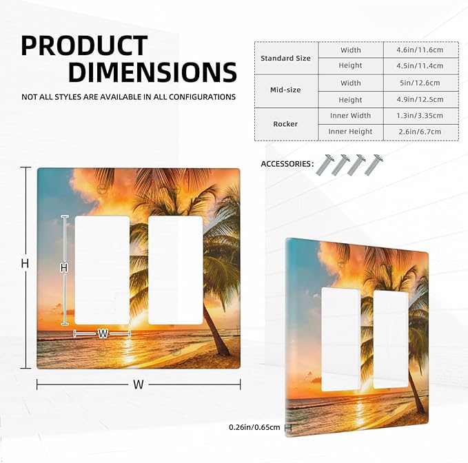 Hawaii Coastal Beach 2 Gang Rocker Decora Light Switch Covers Decorative Palm Tree Sunset Ocean Outlet Covers Wall Plate Electrical Faceplate Switchplate GFCI for Bathroom Bedroom Decor