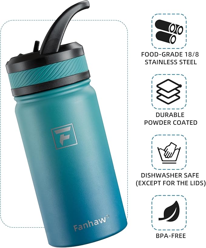 Fanhaw 14 Oz Kids Insulated Water Bottle with Straw Lid – Stainless Steel Double Wall Vacuum, Leak-Proof, BPA-Free Water Bottles for School Boys & Girls(Green Blue)