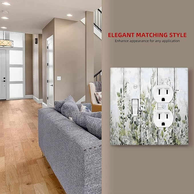 Sage Green Eucalyptus Rustic Country Botanical Leaf Flower Wallplates 1 Toggle 1 Duplex Switch Plate Electrical GFCI Faceplate Decorative Light Switch Covers for Farmhouse Bedroom Decor