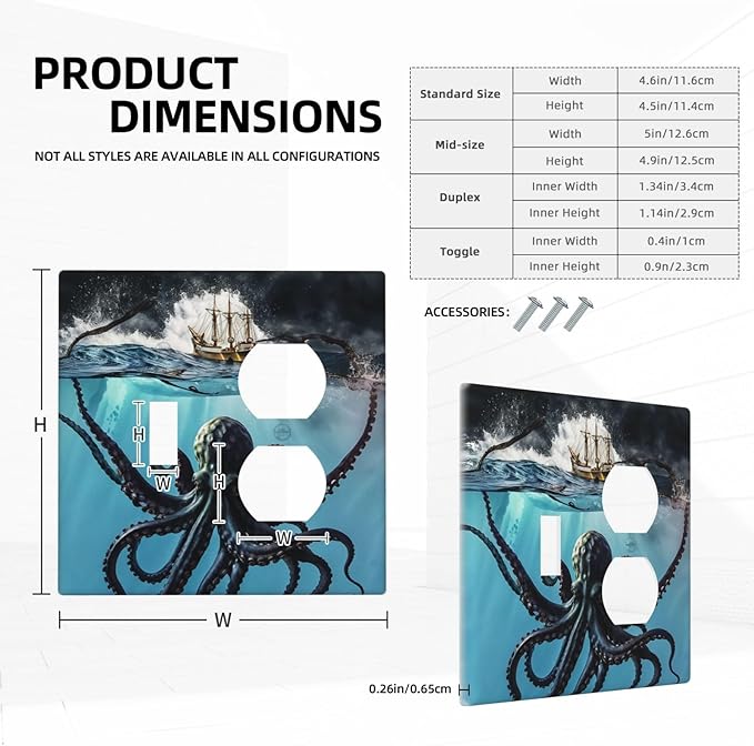 Decorative Outlet Covers Ocean Nautical Octopus Ship Funny Kraken 2 Gang Wall Plate Single Toggle Duplex Light Switch Cover Switch Plate Covers Faceplate for Bedroom Home Decor