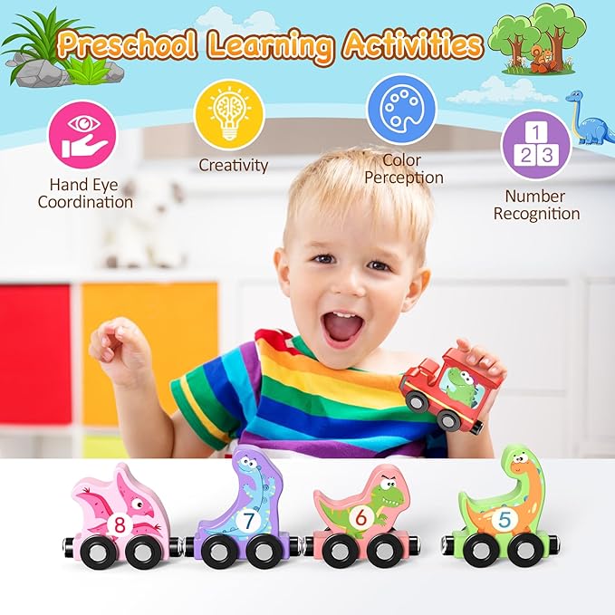 Zeoddler Toys for Toddlers, 11 Magnetic Wooden Dinosaur Train Set, Montessori Toys for Toddlers, Preschool Educational Material for Kids, Birthday Gifts for Boys, Girls
