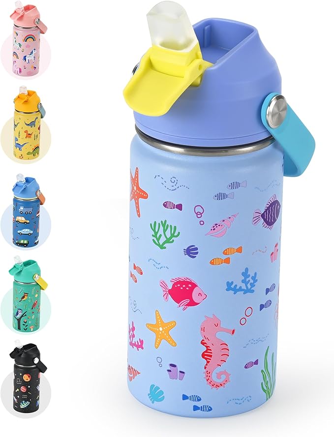 Kids Water Bottle 14oz with Silicone Straw Lid - Insulated Toddler Water Bottle Stainless Steel Keeps Cold 24H, Leak Proof & Ocean Animal Prints Design | Custom Name Tag for School, Daycare, Travel