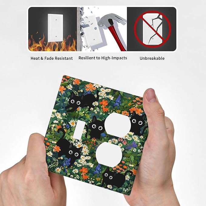 Funny Boho Cute Black Pets Cats Paw 2-Gang 1-Toggle 1-Duplex Device Combination Wallplate Cool Lovely Kawaii Cartoon Kittens One Toggle Switch and One Duplex Receptacle Outlet Combo Light Switch Cover