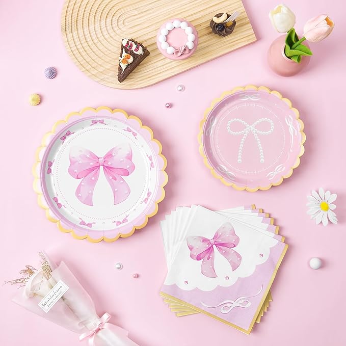 WERNNSAI Pink Bow Birthday Decorations - 48PCS Bow Plates and Napkins Coquette Birthday Decorations Pink Paper Plates and Napkins for Kids Girls Bachelorette Wedding Supplies Serves 16 Guests