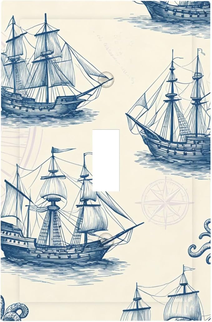 Vintage Nautical Ships 1-Gang Toggle Light Switch Plate, Old World Sailing Vessels Blueprint Design Decorative Wall Plate for Beach House Decor