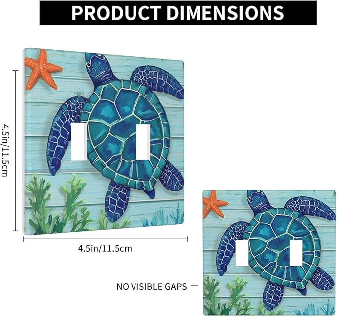 Sea Turtle Starfish 2-Gang Double Toggle Switch Plate, Ocean Marine Wall Plate for Beach House, Bathroom & Coastal Home