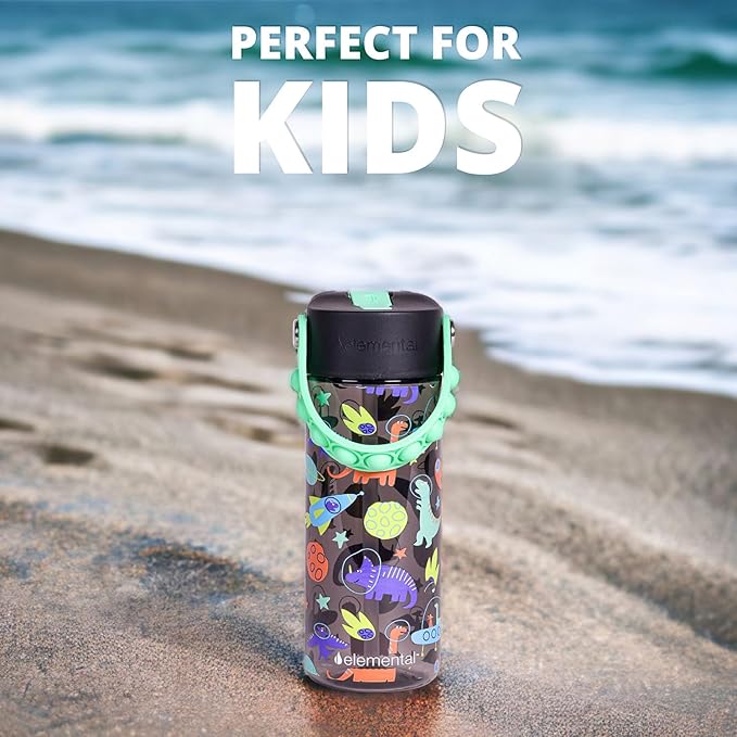 Elemental Water Bottles for Kids - Splash Kids Water Bottle for School with Pop-it Handle - BPA Free Tritan Plastic Water Bottle with Straw Leak Proof when Spout is Closed - Space Dinosaur - 18oz