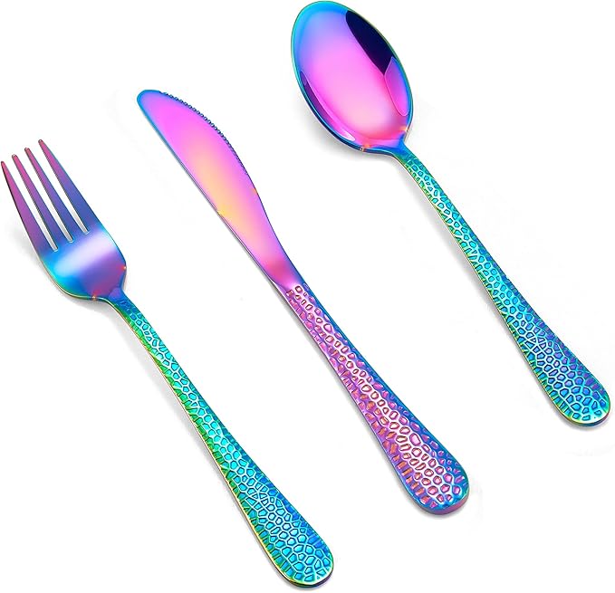 LIANYU 12-Piece Rainbow Kids Silverware Set, Stainless Steel Toddler Utensils, Hammered Preschooler Metal Flatware Cutlery Set, Children Tableware Includes Knives Forks Spoons, Dishwasher Safe