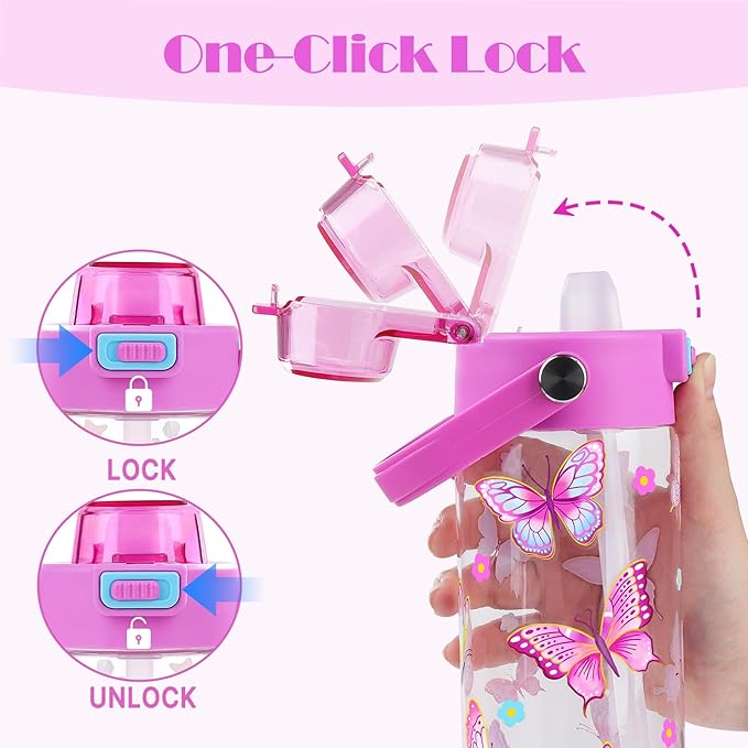 Queenshin Girls Butterfly Water Bottle for School 20oz BPA-Free Tritan Outdoor Kids Sports Water Cup Leak Proof with Straw Lid Handle Pop-Up Spout Cover