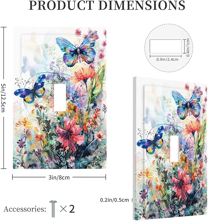 Light Switch Cover Plate Watercolor Colorful Floral Butterflies Wildflowers 1 Gang Single Toggle Decorative Switch Plates Wall Plates Electrical Faceplate for Bathroom Bedroom Decor