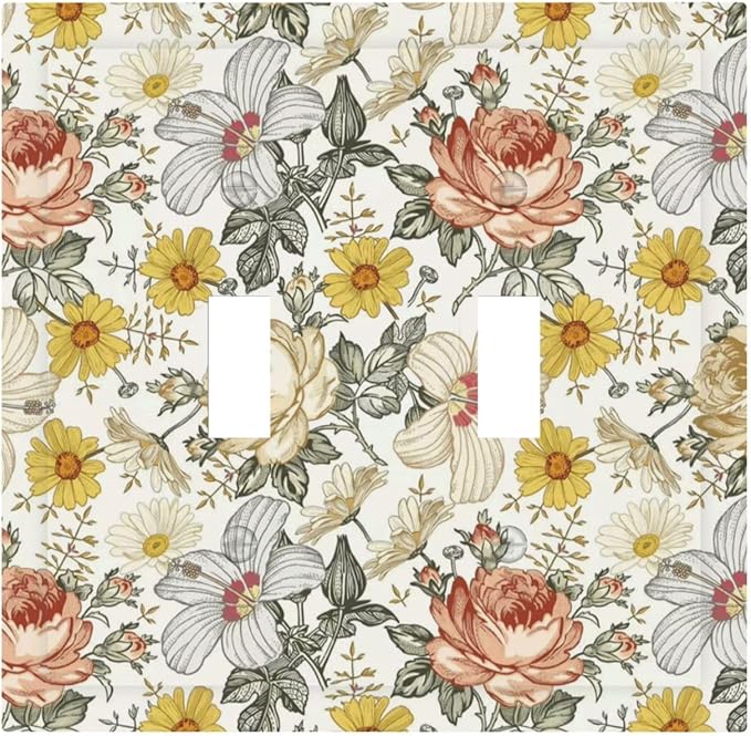 Multicolor Peony Daisy Vintage Floral Flower Decorative Switch Plates 2 Gang Double Toggle Outlet Light Switch Cover Wall Plate Electrical Faceplate for Bedroom Living Room Decor