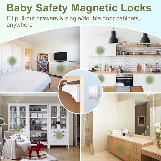 Child Safety Magnetic Cabinet Locks, AOSITE 6 Pack+2 Keys Baby Proofing Magnetic Drawer Locks for Kitchen, Cabinet Lock Baby Proofing with Adhesive No Drill, 4 Baby Safety Cabinet Locks for Knobs
