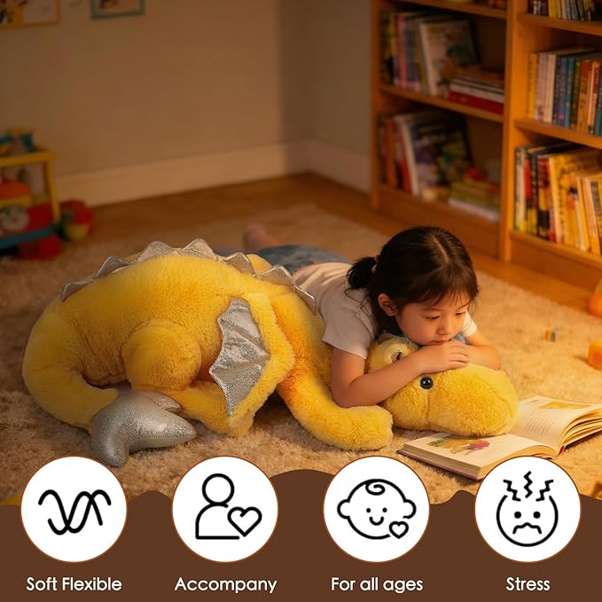 ARELUX Giant Weighted Winged Dragon Plush Toy - 35.4" 5lbs Soft Stuffed Animal, Pterosaur Plushie Fuzzy Dinosaur Pillow Plushies Cuddly Removable and Washable Yellow
