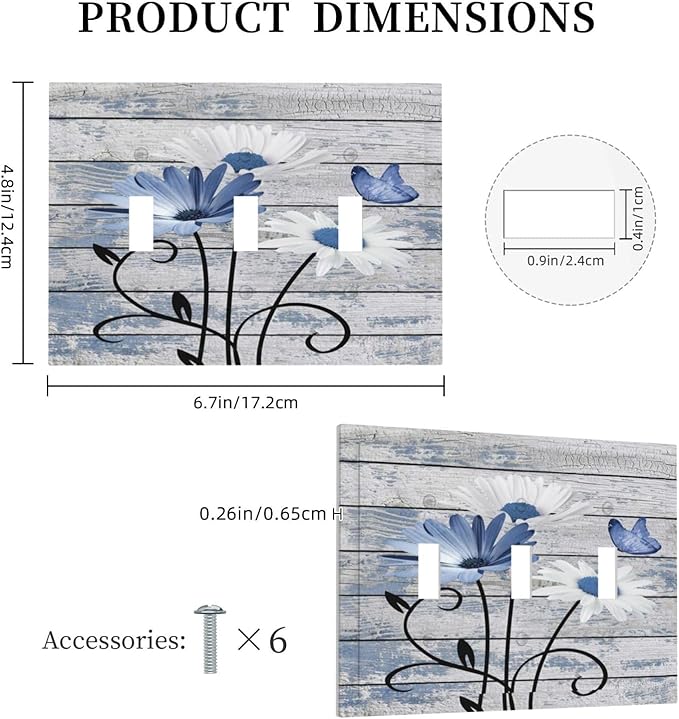 Blue White Daisy Flower Butterfly Rustic Wood Board Decorative Switch Plates 3 Gang Wall Plate Triple Toggle Light Switch Cover Faceplate Electrical Wall Panels for Farmhouse Bedroom Decor