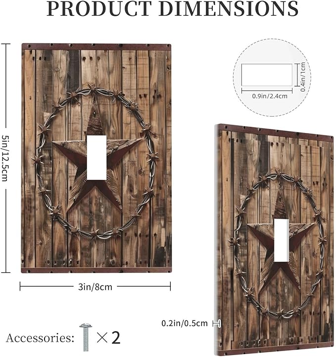 Outlet Covers Rustic Star Western Cowboy Wood 1 Gang Duplex Light Switch Cover Plate Decorative Wall Plates Electrical Switchplate Receptacle for Farmhouse Home Decor（2 Pack）