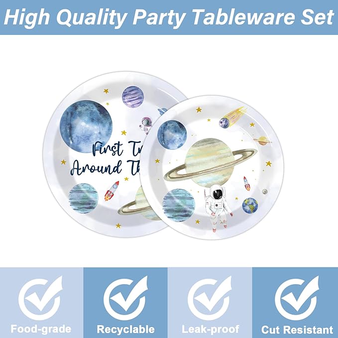 96 PCS First Trip Around The Sun Birthday Party Decorations Outer Space Themed Decorations 1st Space Birthday Dinner Paper Plates Boho Solar System Napkins Forks Sun Theme Party Favors Supplies