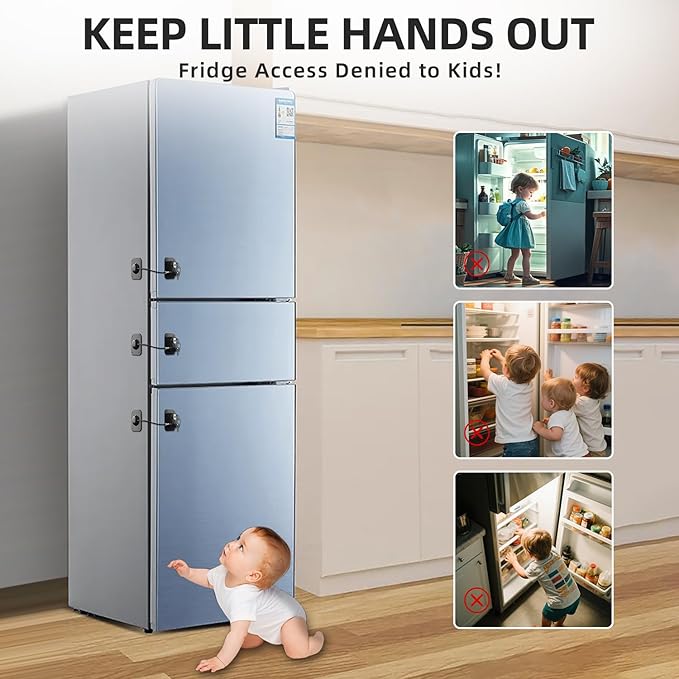 RORMGO Refrigerator Lock 2 Packs, Fridge Lock with Silicone Wire Protection Fridge Locks for Kids Easy to Use and Install Cabinet Locks with Key, Black