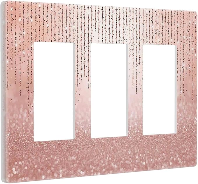 Pink Glittery Bling 3 Gang Triple Rocker/GFCI Light Switch Wall Plate Cover Decorative Electrical Faceplate for Kids Living Room Bedroom Decor Screwless 6.57" x 4.65