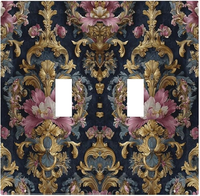 Decorative Light Switch Cover Plate Rococo Pink Floral Flower Gold Leaf 2 Gang Outlet Covers Double Toggle Wall Plates for Electrical Outlets Switch Plate Covers Faceplate for Home Decor