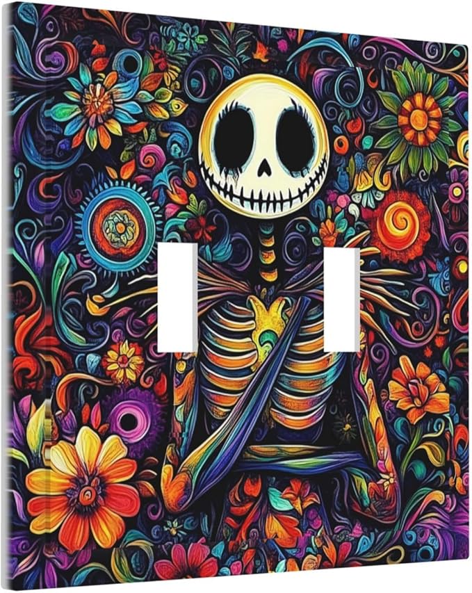 Decorative Switch Plates Colorful Flowers Abstract Skull 2 Gang Double Toggle Outlet Light Switch Cover Wall Plate Electrical Faceplate For Home Living Room Decor