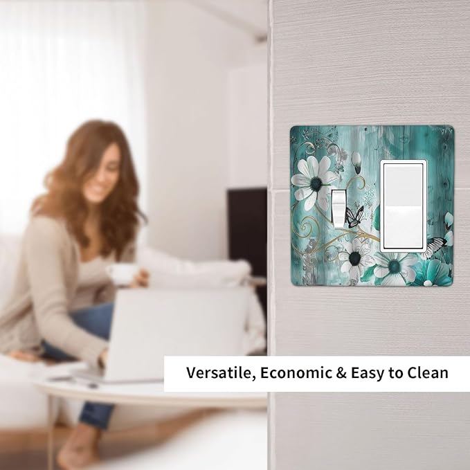 Decorative Outlet Covers Turquoise Flowers and Butterflies Rustic Teal White Floral 2 Gang 1 Gang Wall Plate Single Toggle Rocker Device Combination Light Switch Cover Plate Switch Plate Cover