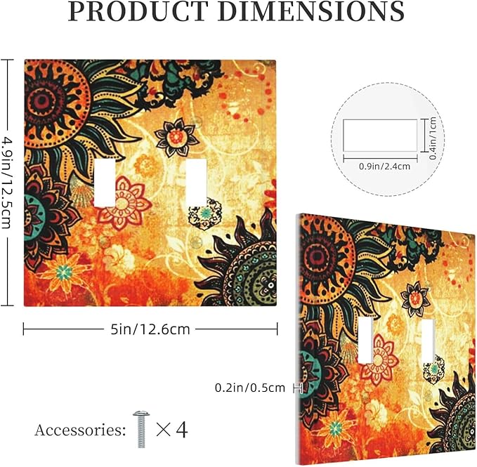 Red Mandala Boho Flower Toggle Light Switch Cover Contemporary Orange Retro Bohemian Floral 2-Gang Electrical Decorator Dual Device Face Wallplate Decorative Double Switch Plate Covers Bathroom Decor