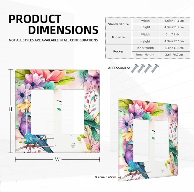 Bird Floral Flower Double Gang Rocker Decorative Light Switch Cover, 2-Gang Wall Plate Outlet Cover