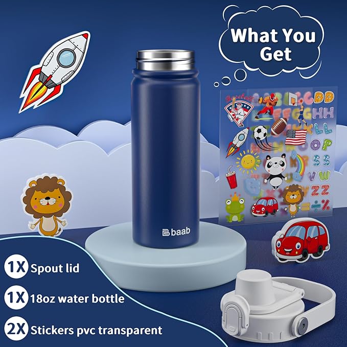 baab 18oz Kids Water Bottle, Insulated Kids Water Bottle with Lockable Spout Lid & Stickers, 18/8 Stainless Steel Vacuum Leakproof Kid Water Cup with Handle for Boy Girl & School (Grey+Navy Blue)