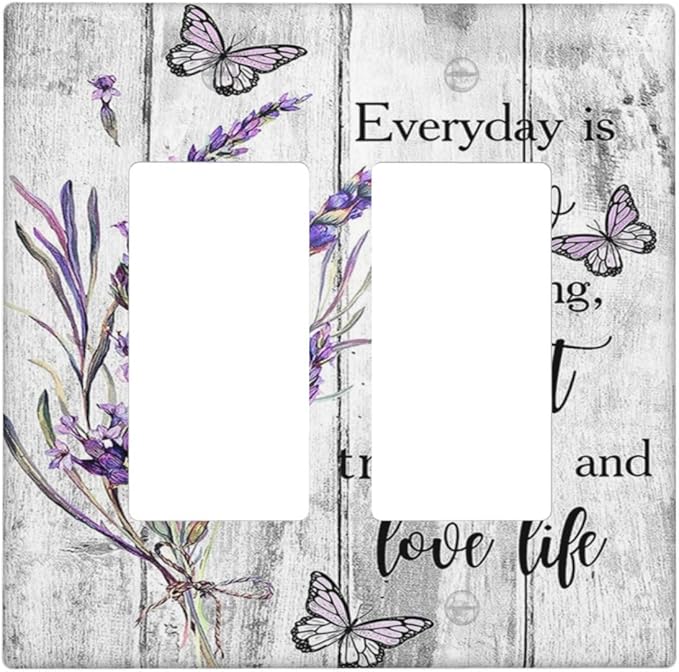 Outlet Covers Purple Lavender Flower Butterfly on Wood Plank 2 Gang Wall Plate Double Rocker Light Switch Cover Inspirational quotation Floral Decorative GFCI Receptacle Cover Electrical Switchplate